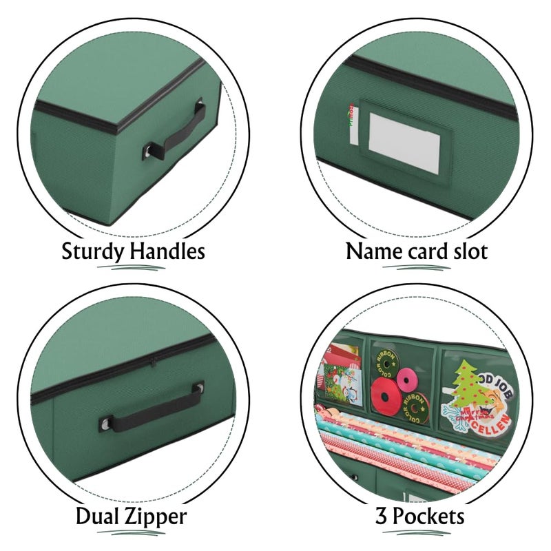 Primode Wrapping Paper Storage Container | Gift Wrap Organizer Under Bed | 41â€x14â€x6â€ | Box Holder for 18-24 Rolls Up to 40â€ | 600D Oxford Material | Pockets for Ribbon, Bows, and Accessories (Green) - Image 3